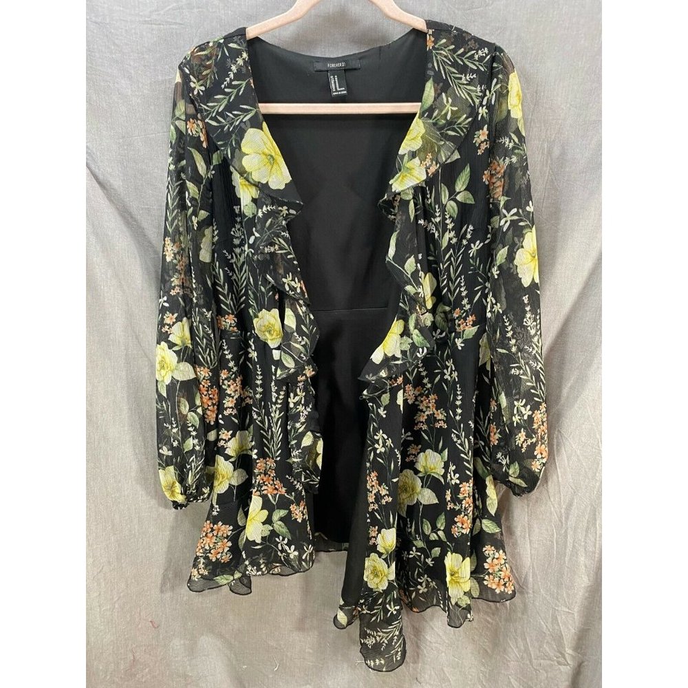 Forever 21 Shirt Womens Medium Black Long Sleeve Floral Open Front Ladies.